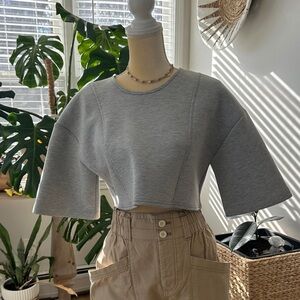 Zara NWT Gray Women's Cropped stretchy Top Size M with black zipper detail